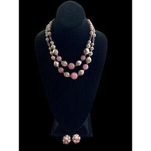 Vintage Pakula Pink Faux Pearl Necklace with Matching Clip Earrings Set